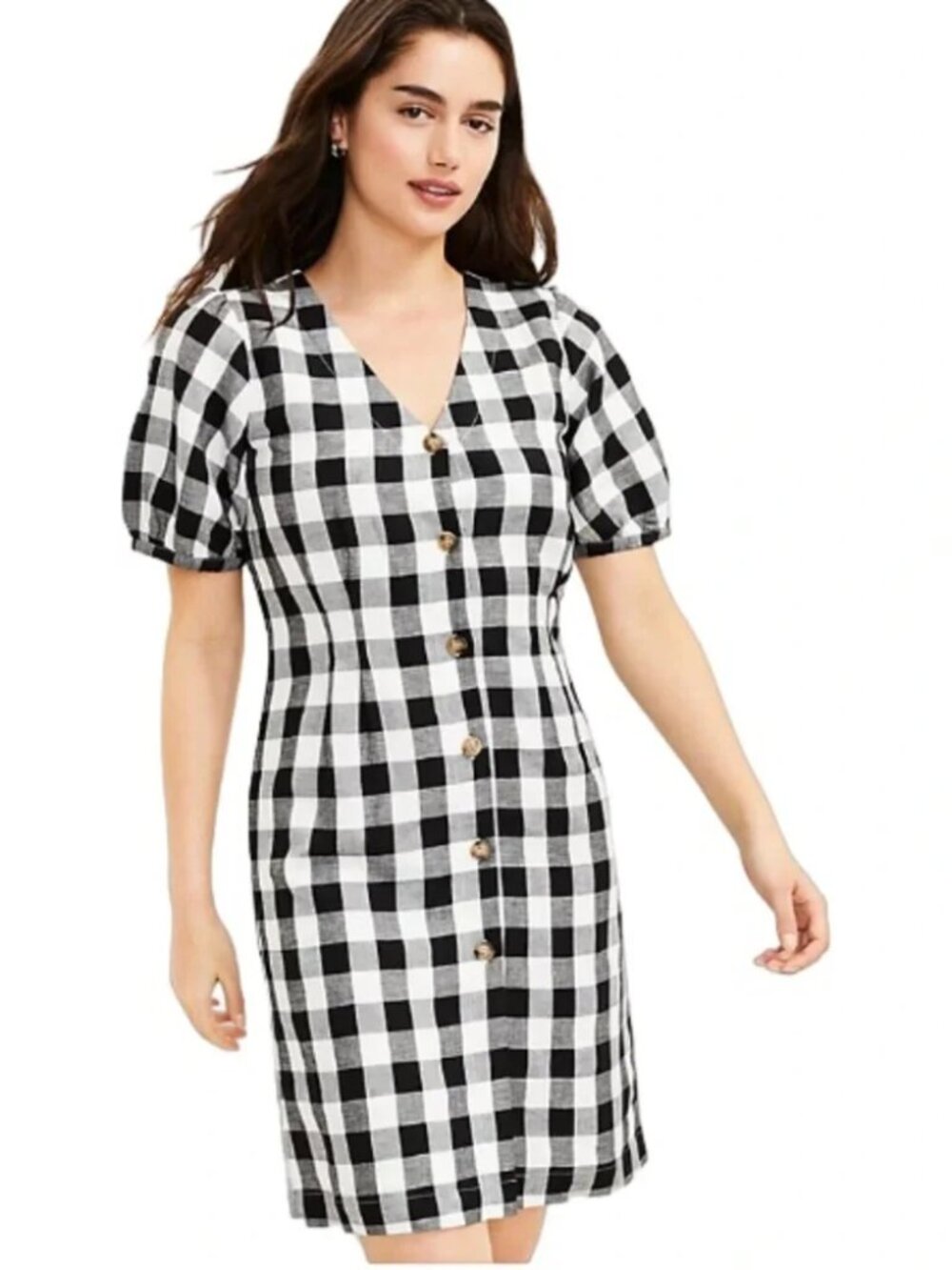 Loft Gingham Button Down V-Neck Linen Blend Dress 10